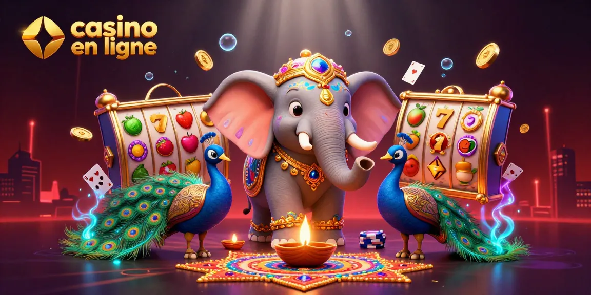 Profitez des jeux captivants de casino en ligne avec un éléphant coloré et des éléments festifs.