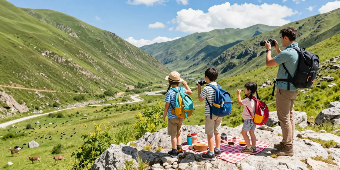 Family hiking adventure with mantra88 gear in scenic mountains.