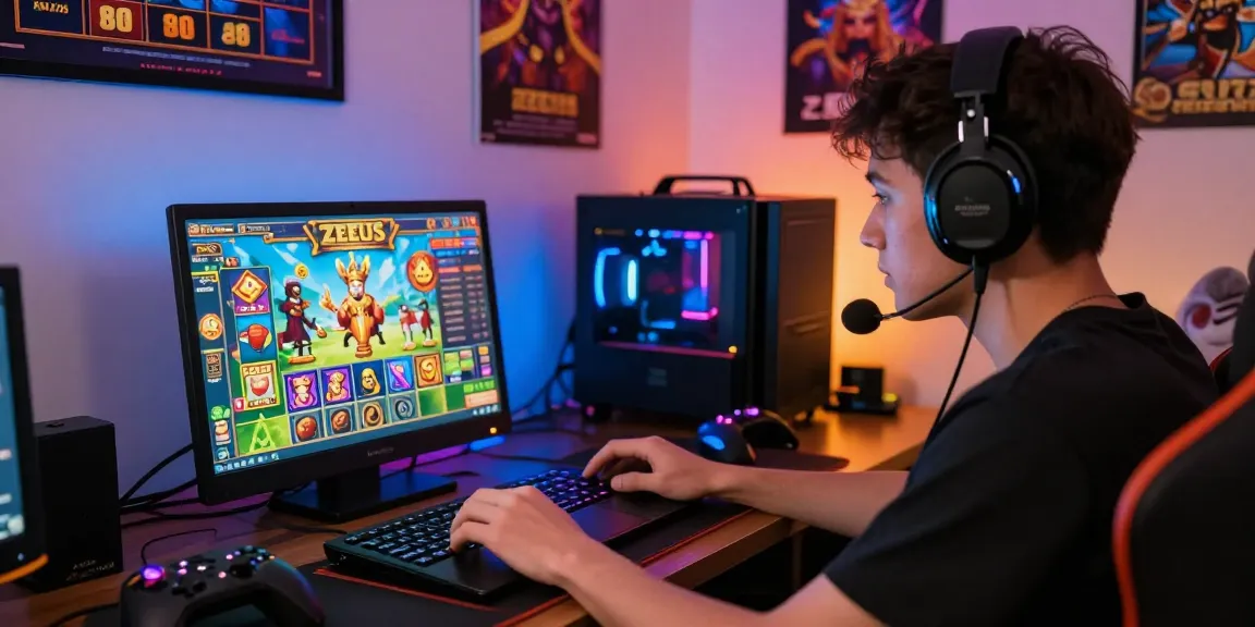 Engaged player enjoying slot zeus games in a vibrant gaming setup.