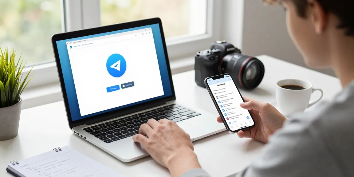 Explore the Telegram Download feature on multiple devices in a bright tech workspace.