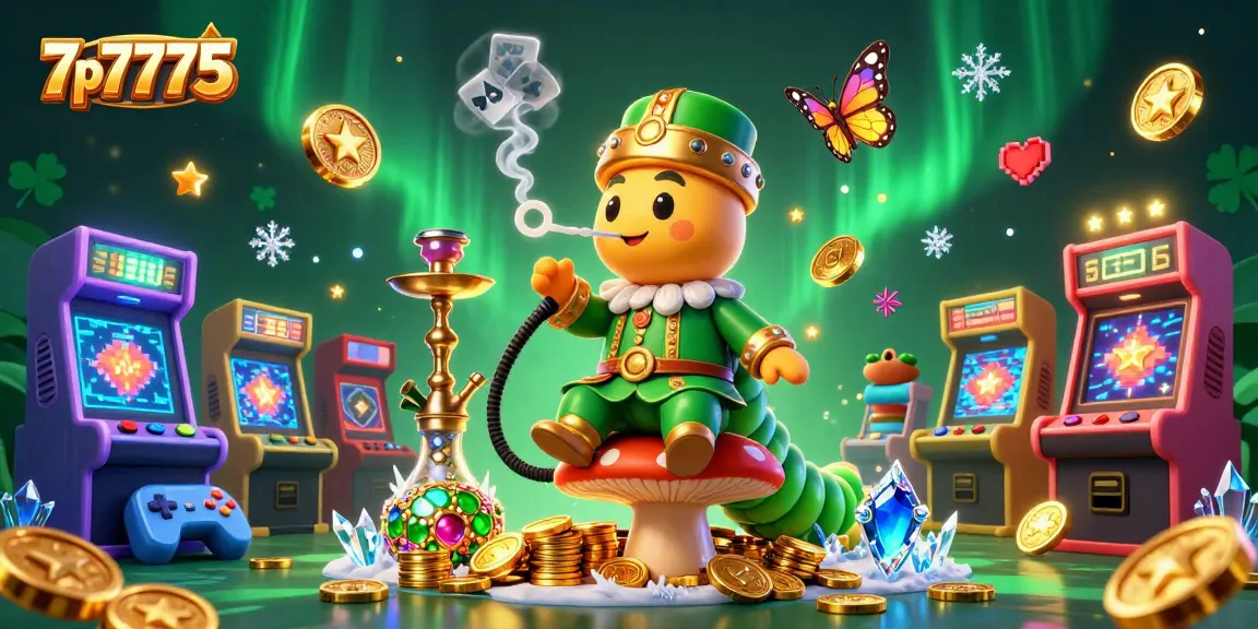 Engage with the vibrant 7p7775 casino scene, featuring a whimsical caterpillar and gaming elements.