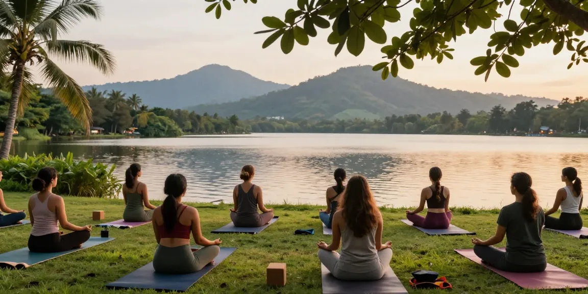 Yoga teacher training Sri Lanka students practicing at lakeside retreat with serene backdrop.