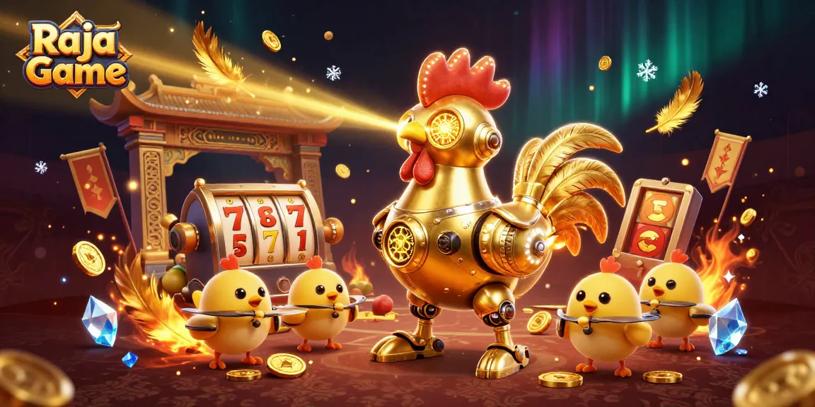 Raja Game features a golden rooster robot amidst vibrant casino elements like slots and golden coins.
