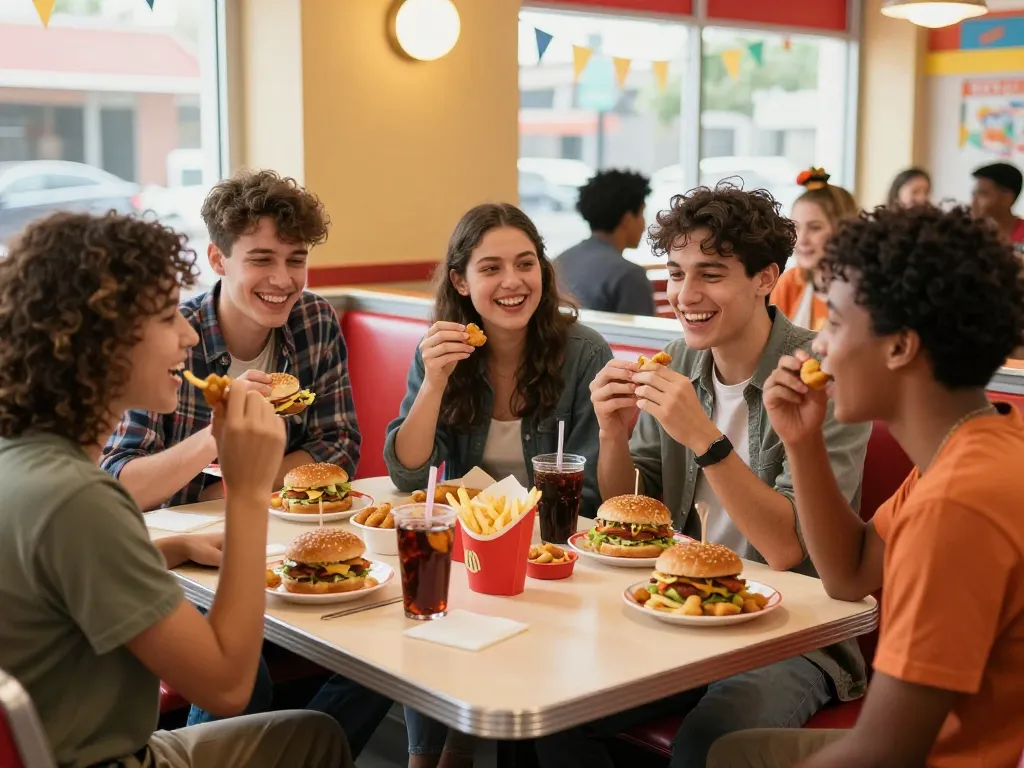 Friends enjoying a fast food menu at a lively restaurant table filled with burgers, fries, and drinks