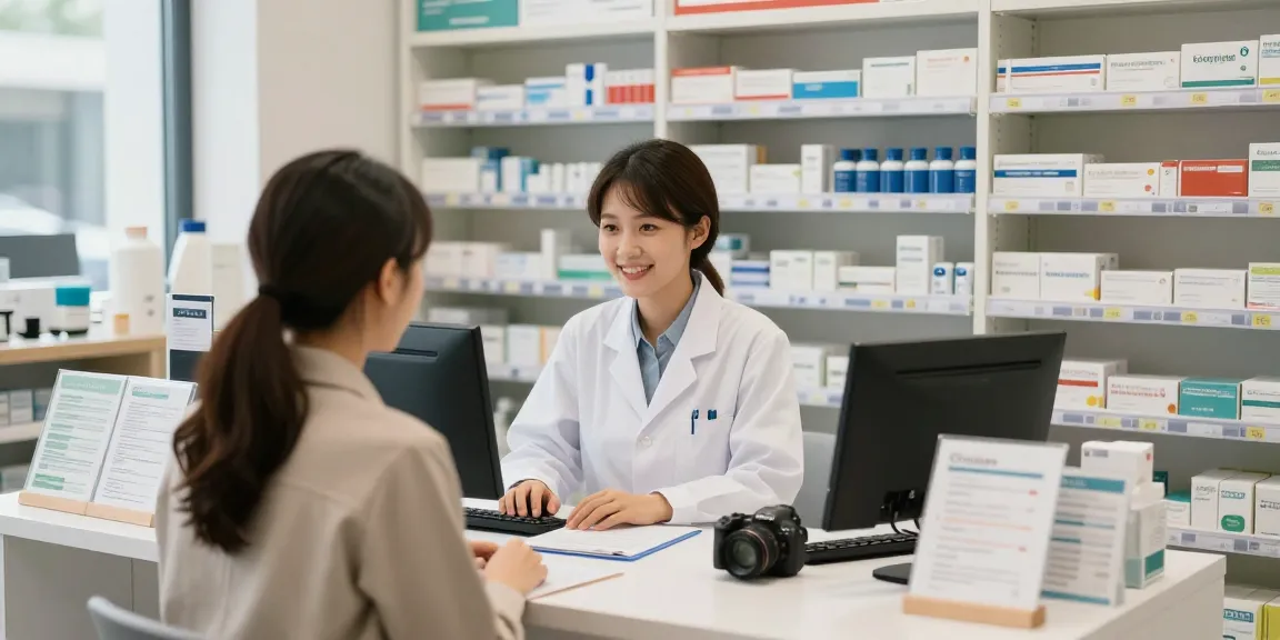 Friendly pharmacist assisting customer with health supplies in a well-lit pharmacy.