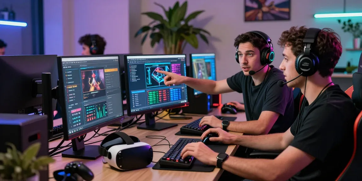 Collaborative gaming workspace showcasing professionals discussing iGaming strategies at https://naga2000.blog, surrounded by high-tech equipment.
