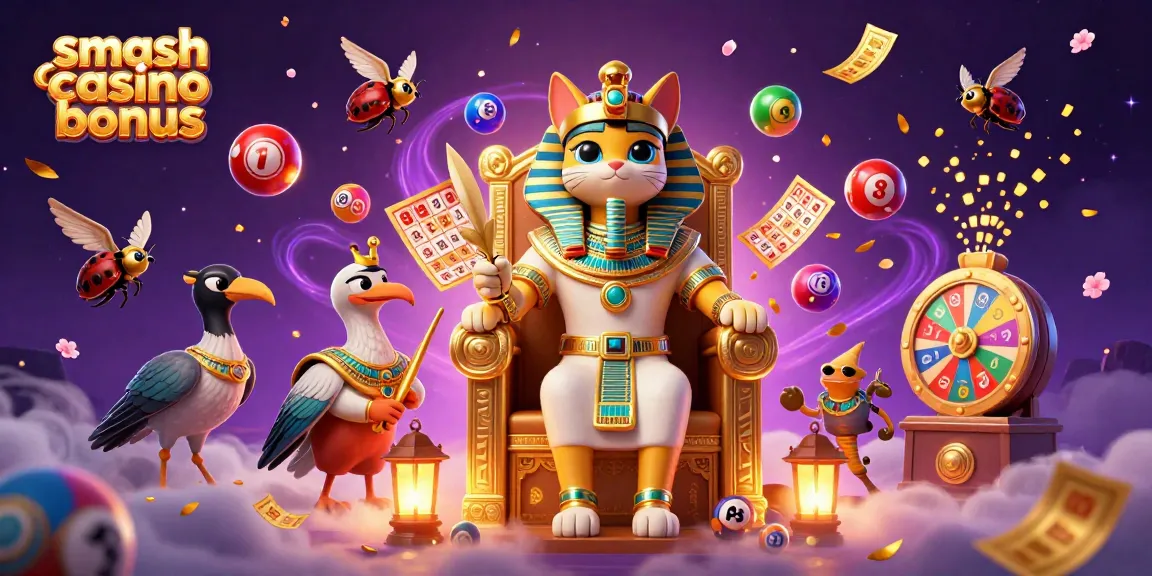Découvrez le bonus Smash Casino avec des animations de jeux de loterie et un pharaon égyptien captivant.