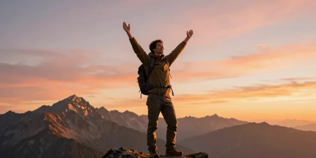 Positive attitude illustrated by a person celebrating on a mountain peak, embodying the essence of rokok88.