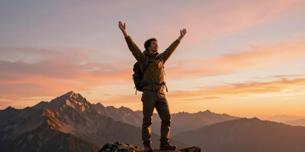 Positive attitude illustrated by a person celebrating on a mountain peak, embodying the essence of rokok88.