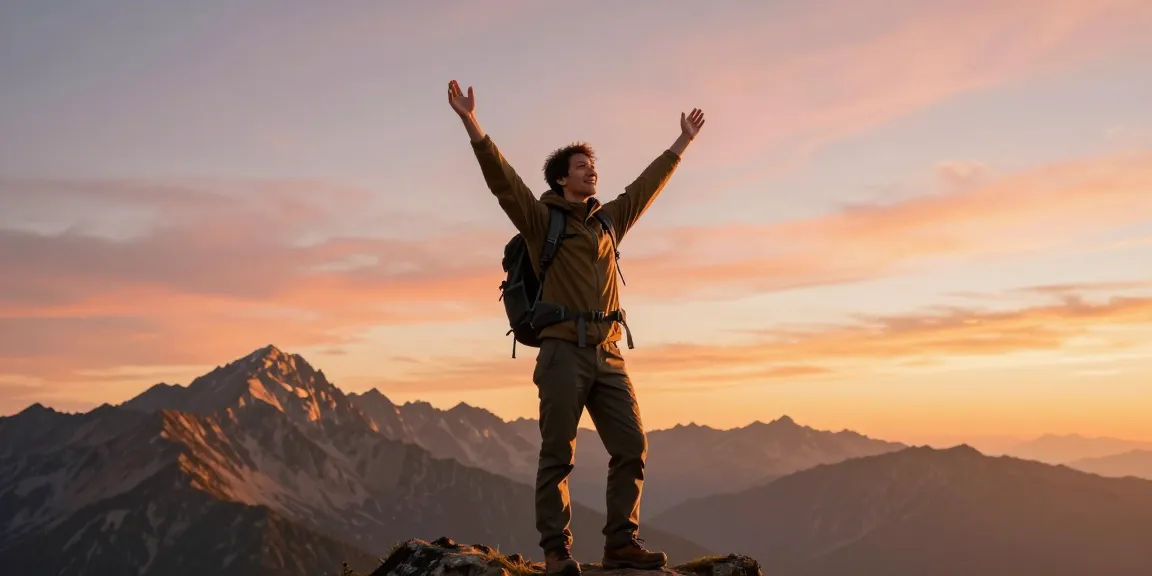 Positive attitude illustrated by a person celebrating on a mountain peak, embodying the essence of rokok88.