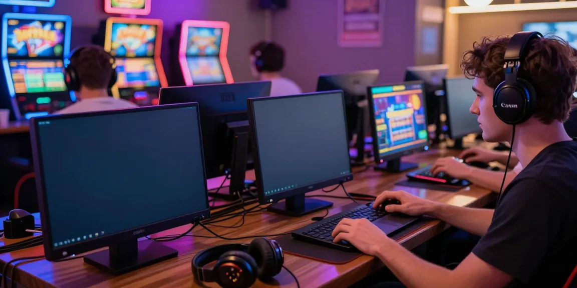 Players immersed in slot games, vibrant screens glowing in a cozy gaming setup.