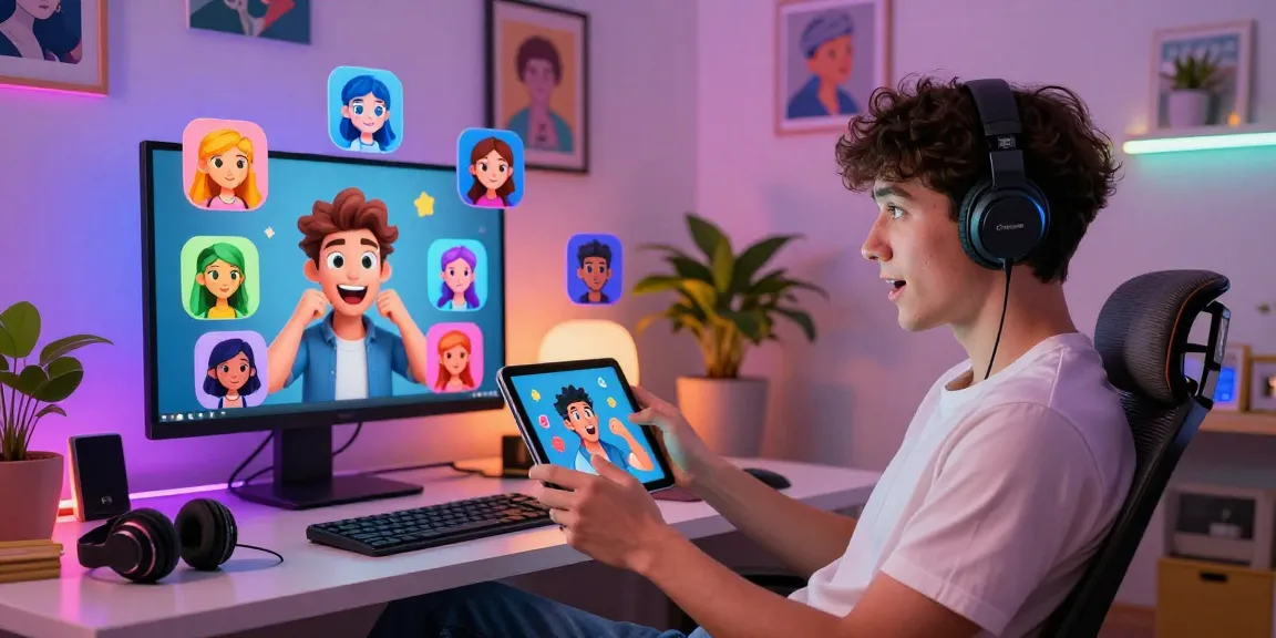 Exciting NSFW AI chat interaction in a cozy room with colorful animated characters surrounding a user on a modern tablet.