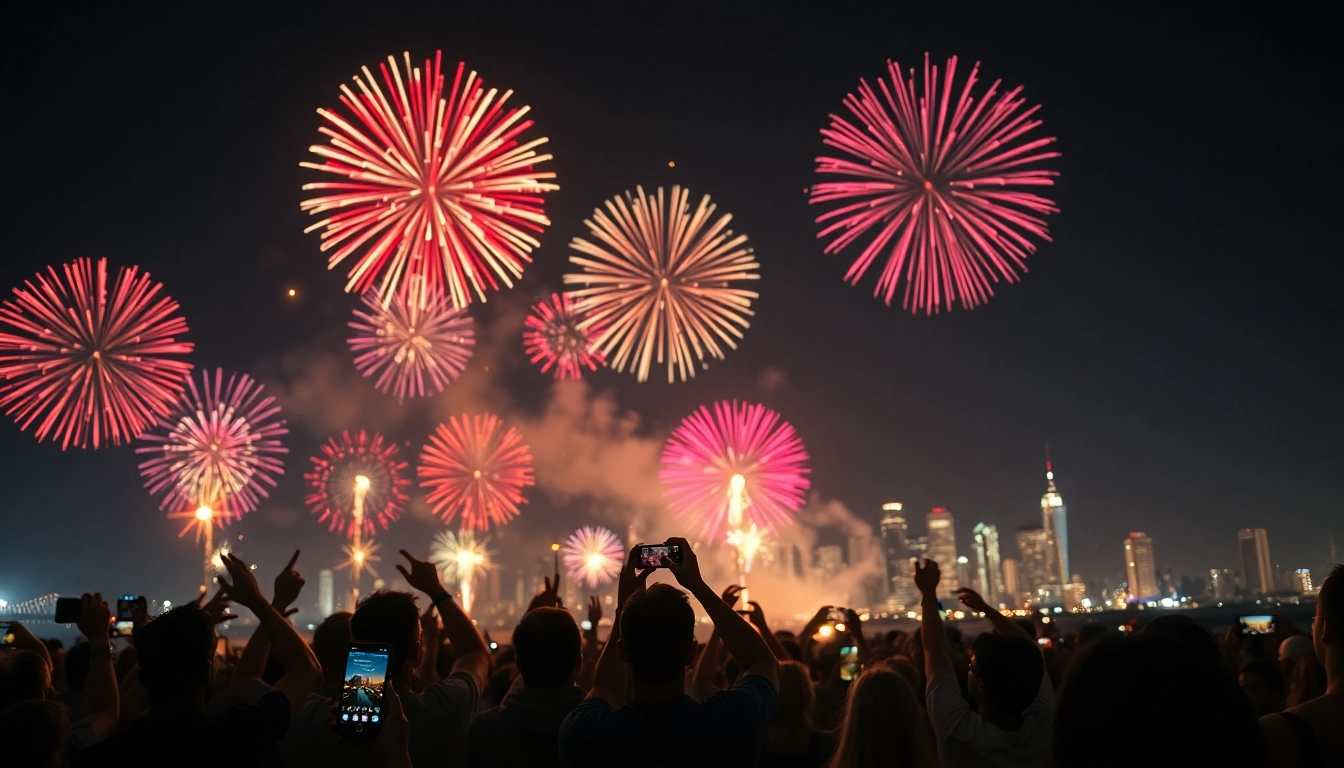 Enjoy fireworks for sale lighting up the night sky, viewed by an excited crowd celebrating.