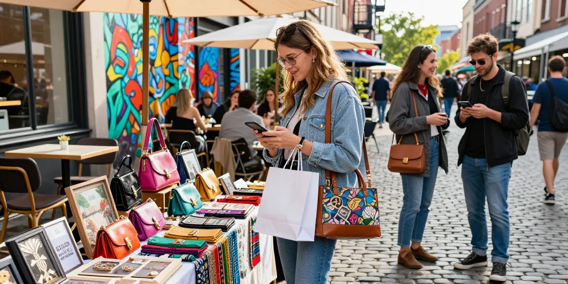 Stylish shopper exploring 레플리카 fashion items at lively urban market