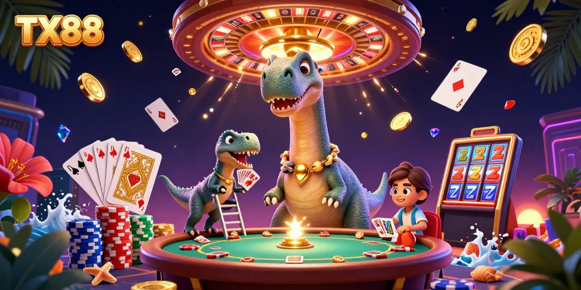 Experience the excitement of TX88 with a cartoon dinosaur and dynamic casino elements.