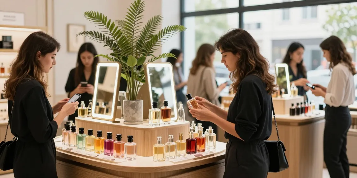 Discover affordable perfumes in a chic retail setting with a shopper browsing stylish fragrance displays.