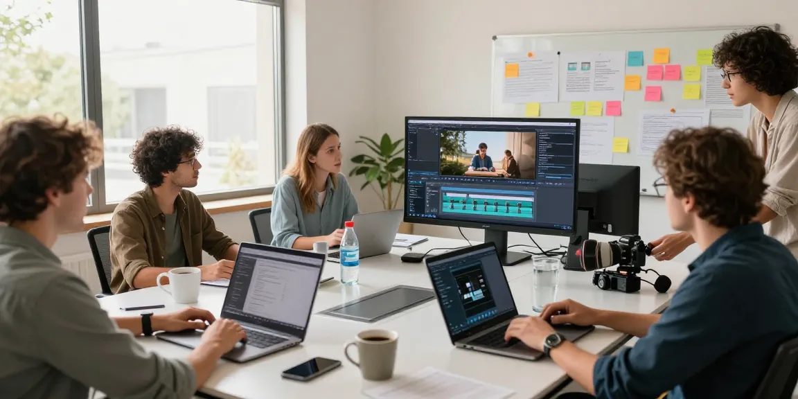 Team using ai video prompt tools in a bright collaborative workspace, focusing on creativity and innovation.