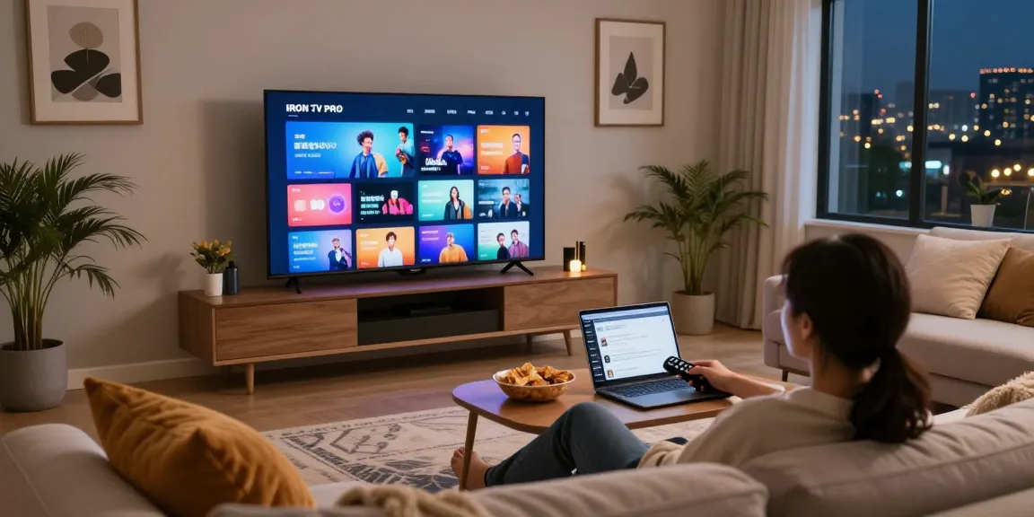 Enjoying IRON TV PRO streaming in a cozy living room with snacks and smart TV.