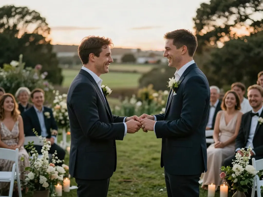 Documentary wedding photographer in Dunedin captures a couple's heartfelt outdoor vows surrounded by nature and guests.
