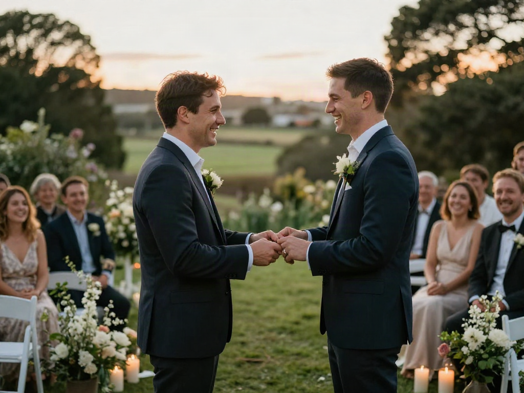 Documentary wedding photographer in Dunedin captures a couple's heartfelt outdoor vows surrounded by nature and guests.