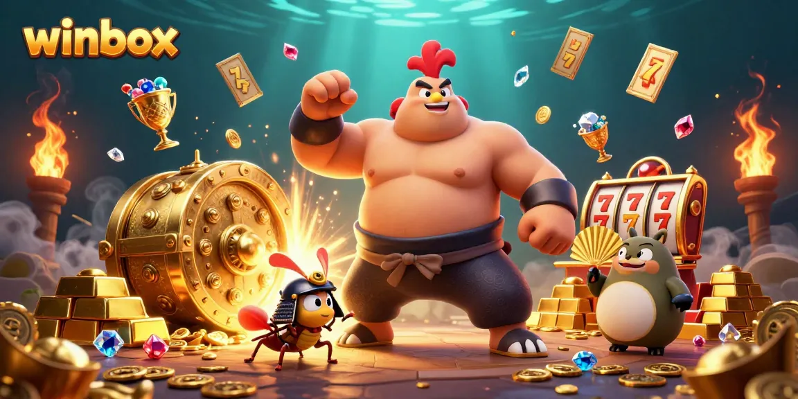 Experience the thrill of winbox gaming with a dynamic, colorful 3D casino scene featuring exciting characters.