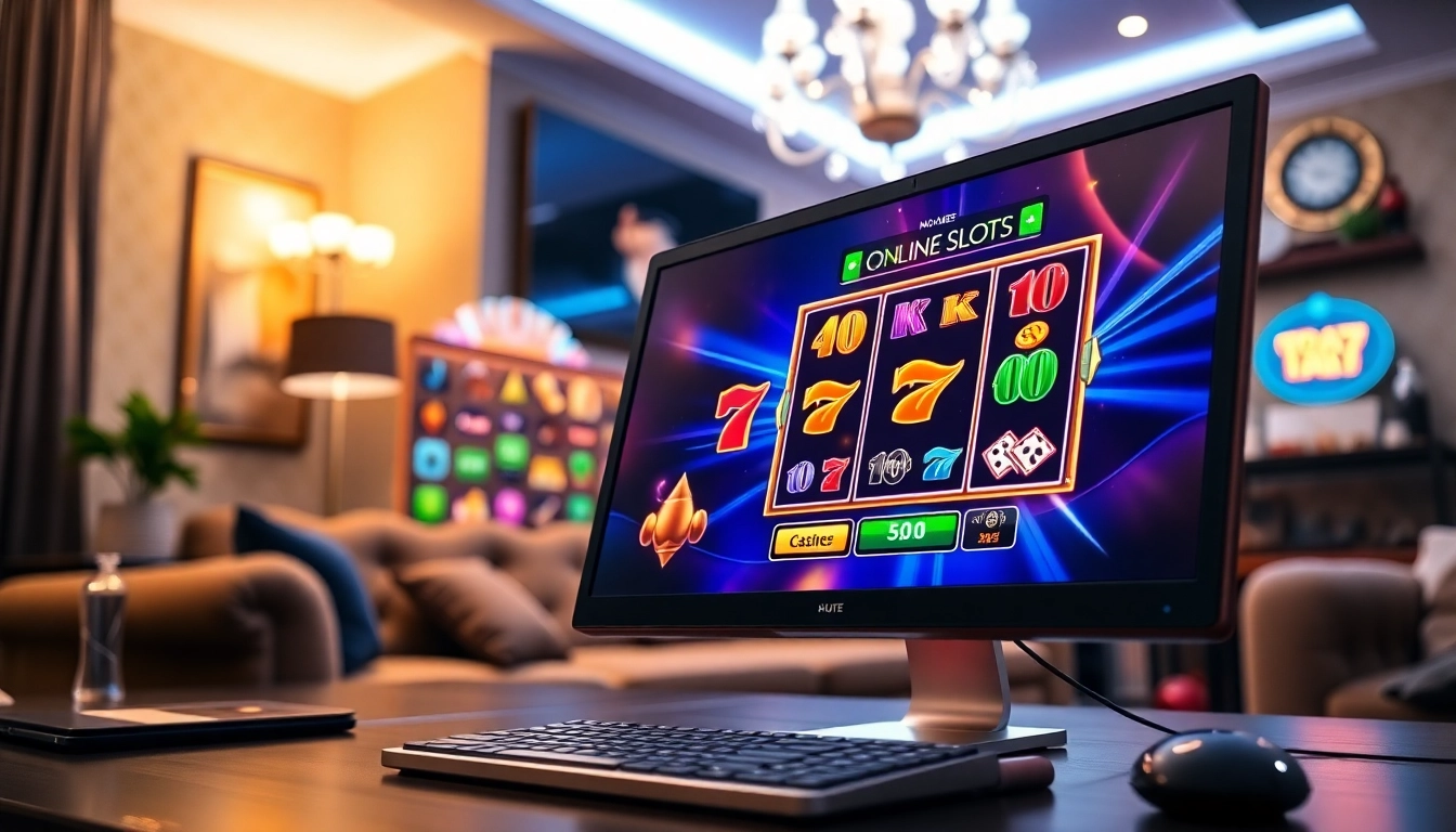Experience thrilling online slots UK gameplay on a vibrant computer screen in a stylish home setting.