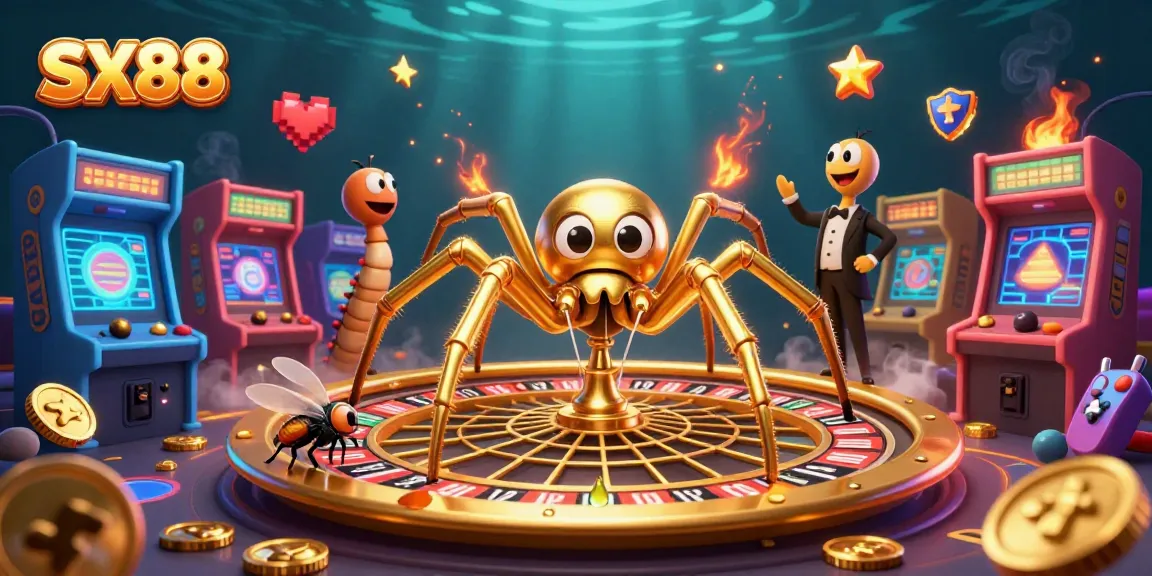 Bet on SX88 with a golden spider spinning a roulette web, a fly nervously placing bets, and a centipede croupier.