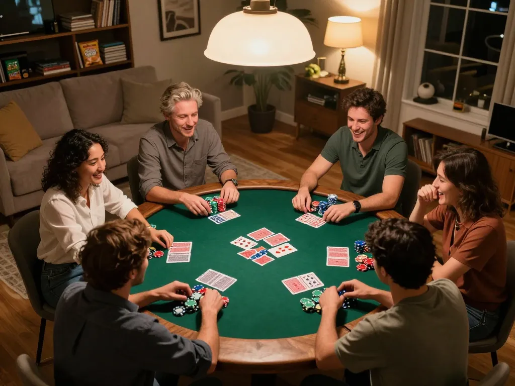 Engaging poker night scene in a home setting, showcasing friendly competition at the best widget store for casino games.