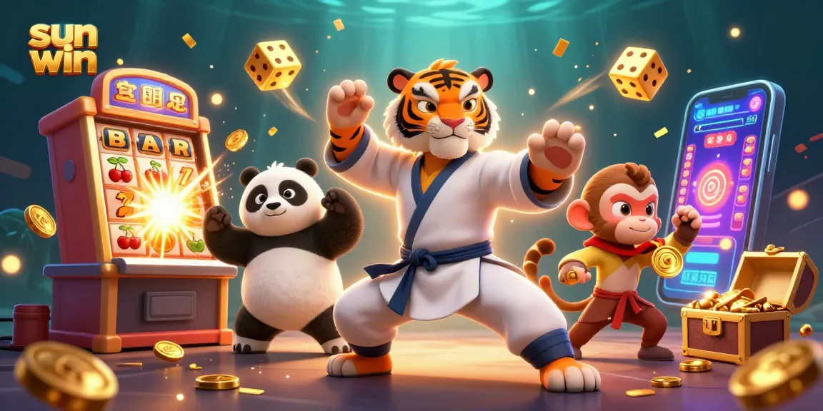 Experience exciting gameplay at Sun Win with cartoon characters celebrating jackpots amidst colorful casino elements.
