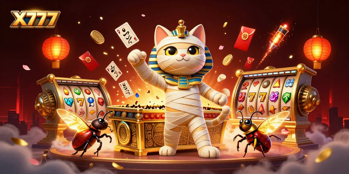 X777 mobile casino game features with a cartoon mummy cat and a magic scarab in a vibrant pyramid setting