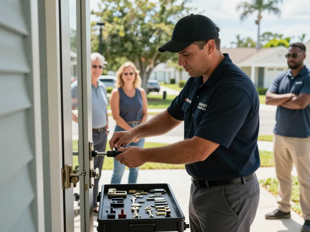 Locksmith Stuart FL expert opening door using advanced tools outdoors in community