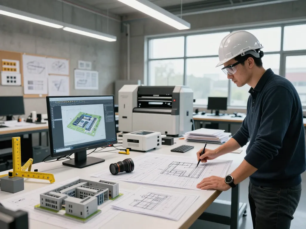 Architect at workshop examining plans for รับ ออกแบบ โรงงาน, showcasing modern design processes