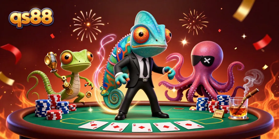 Play poker and win big with qs88 in this energetic 3D casino illustration featuring colorful chips and cards.