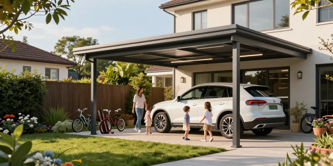 Moderne Carport-Struktur bietet Schutz für Fahrzeuge und Raum für Gartenartikel in einem einladenden Familienumfeld.