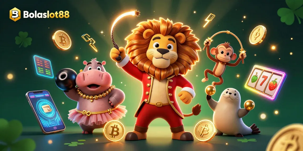 Bolaslot88 captures excitement with a vibrant 3D illustration featuring casino characters and crypto elements.