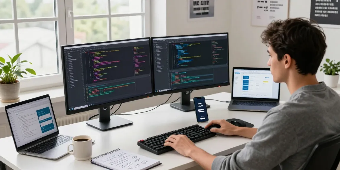 Developer at modern desk coding on dual monitors with login raja328 on a smartphone, creating a productive tech atmosphere.