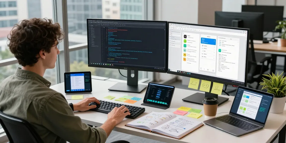 Dynamic Android workspace showcasing app architecture patterns in Android (MVI/MVP) with coding screens and development tools.