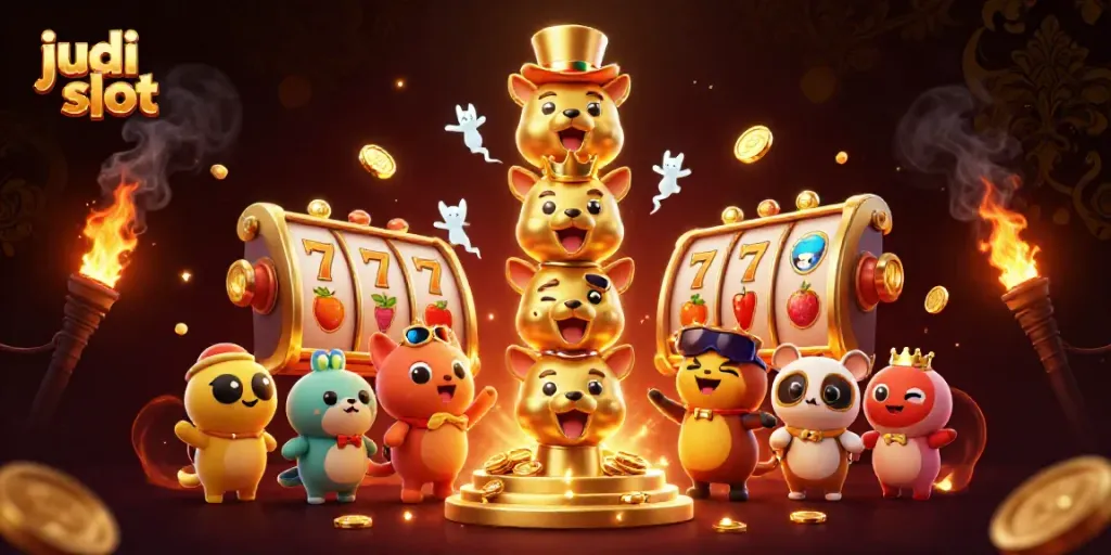 Gambaran judi slot dengan totem emas dan simbol slot yang cerah.