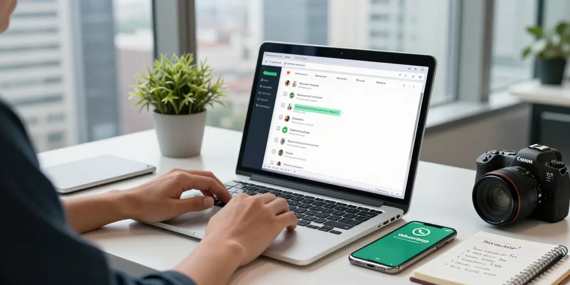 Person using WhatsApp網頁版 on a laptop in a modern workspace, showcasing digital communication.