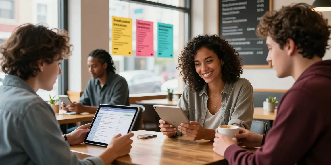 Users engaging with BedPersonal in a warm café setting, browsing local classifieds.