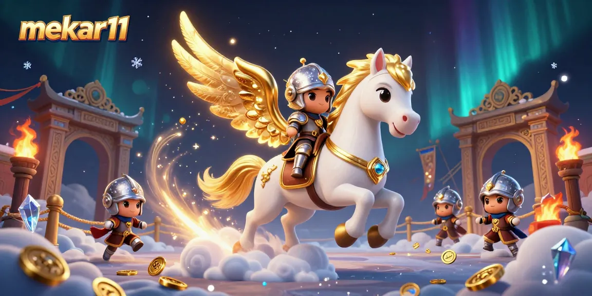 Mekar11 showcases a thrilling battle scene with a celestial horse, armored knight, and vibrant casino elements