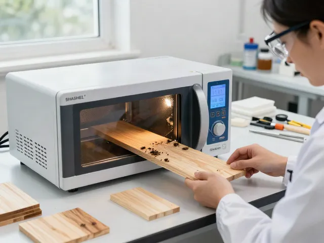 SHASHEL® microwave technology in action for eco-friendly woodworm elimination in a professional workspace.
