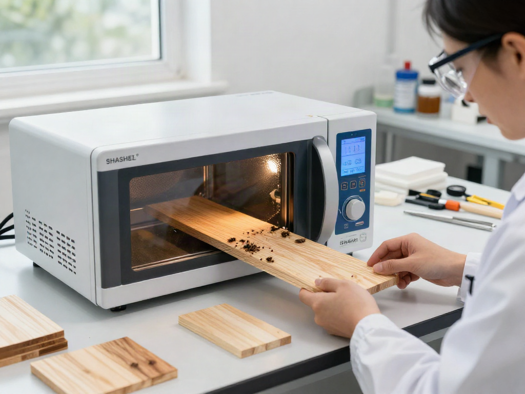 SHASHEL® microwave technology in action for eco-friendly woodworm elimination in a professional workspace.