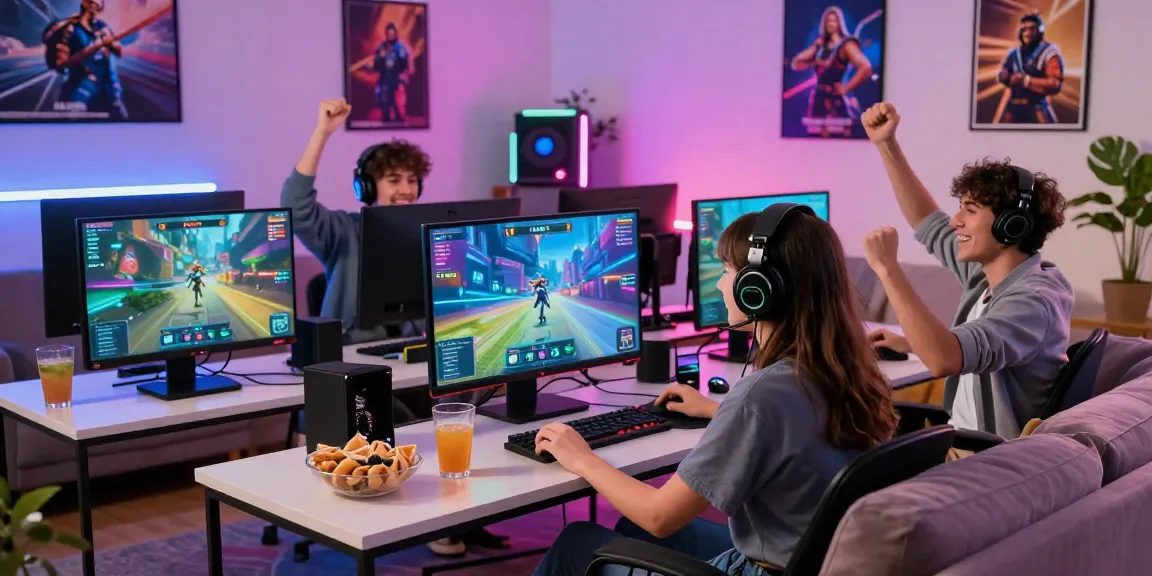 Exciting gaming scene showcasing friends enjoying CIKA4D; vibrant screens, dynamic atmosphere.