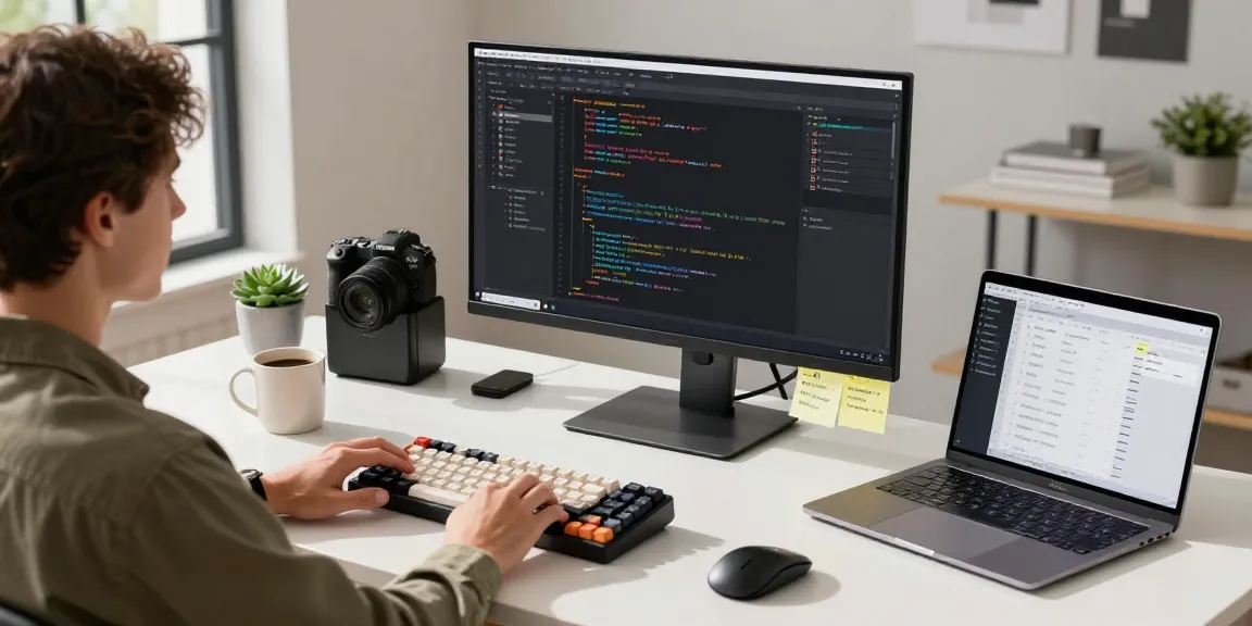 Modern tech workspace showcasing a developer's environment at teiegramin.com with code on screen and organized elements.