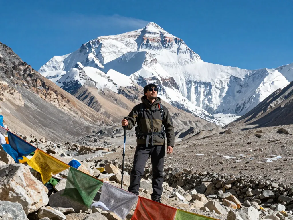 Traveler at Everest Base Camp Trek, showcasing breathtaking Himalayan peaks and prayer flags in the background.