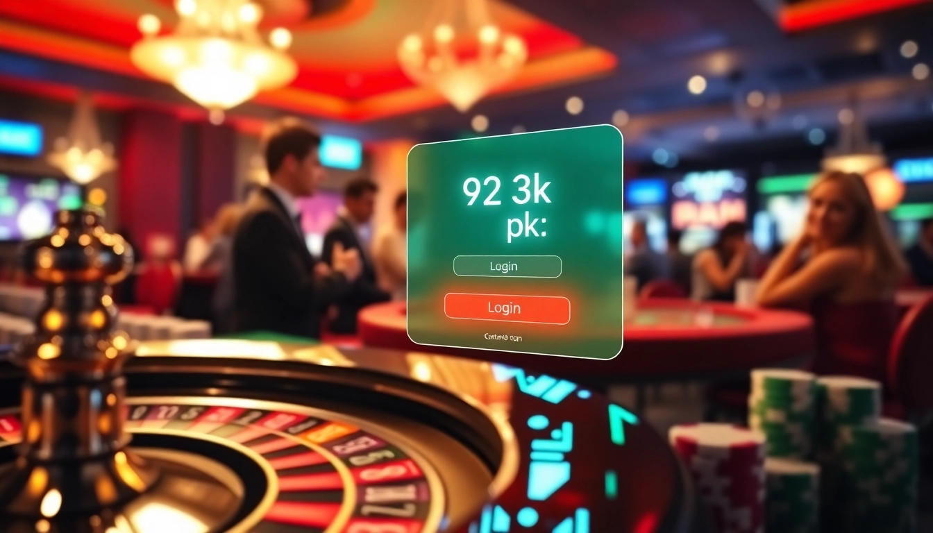 Engage with the vibrant casino world through the 92 pkr login interface featuring roulette and poker elements.