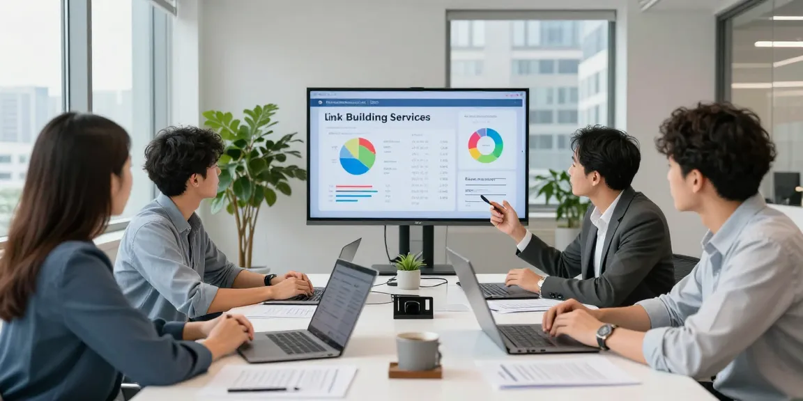 Team collaborating on link building services in a modern office setting, showcasing data and analytics for effective SEO strategies.