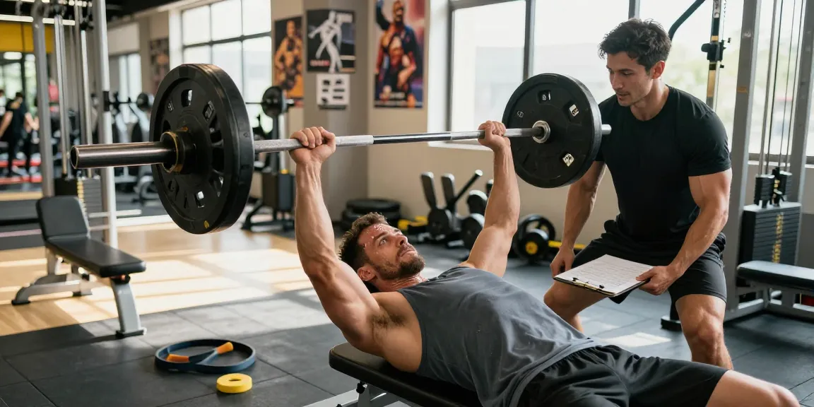 Ein athletischer Bodybuilder hebt Gewichte im Anabolika Shop Fitnessstudio, er wird von einem Trainer unterstützt.