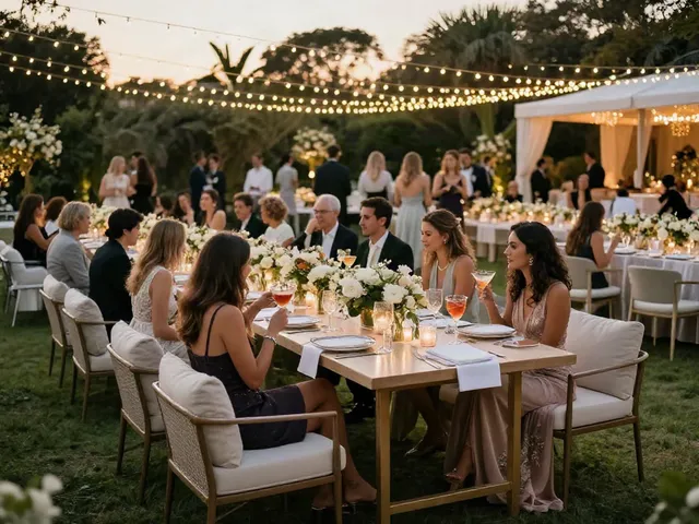 Stunning outdoor wedding reception with elegant event furniture rental, luxurious table settings and guests enjoying the ambiance.